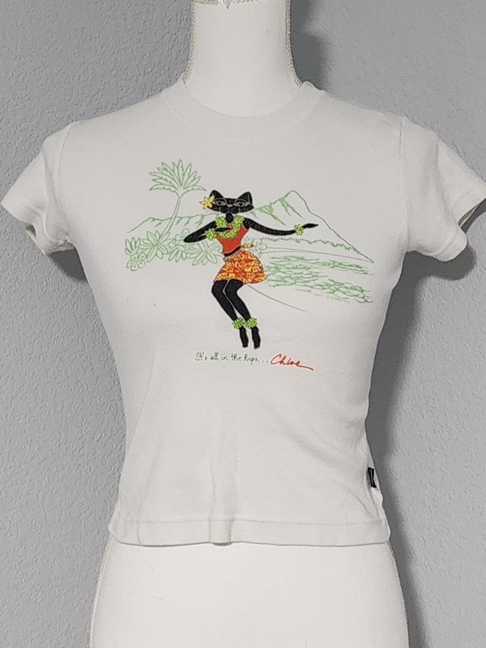Vintage Y2K Crazy Shirts 100% Cotton White Hawaiian Cat Baby Tee Extra Small